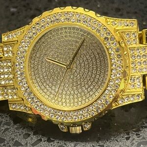 Pave Set crystal BLING Iced out men’s ladies 
Bracelet Cz statement watch Gold